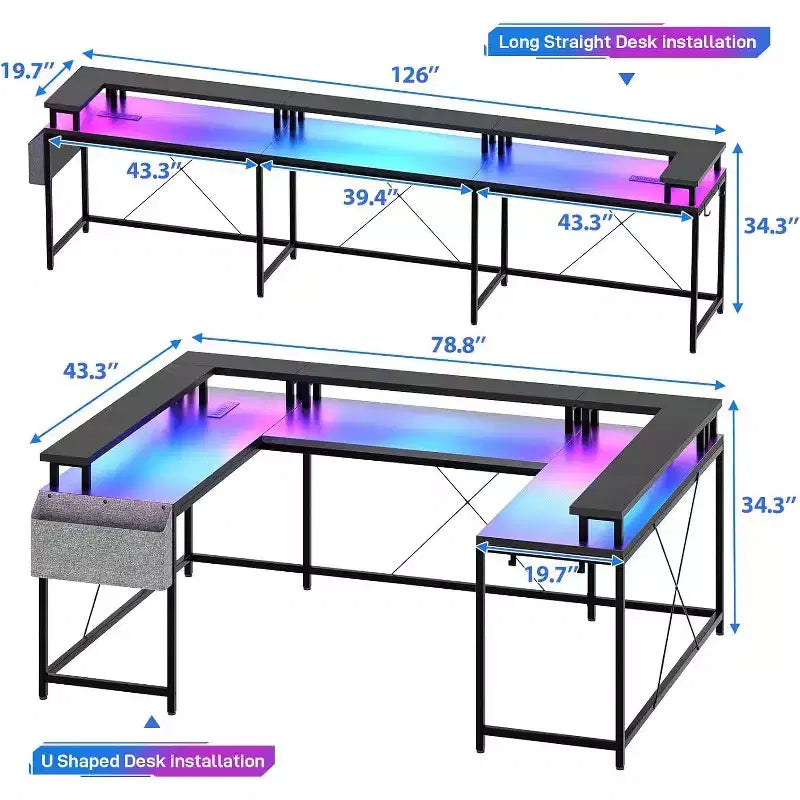 Bureau d'angle en U pour jeux vidéo, avec lumières LED et prises de courant, bureau d'ordinateur d'angle avec étagères de rangement, pour bureau à domicile