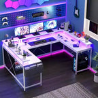 Bureau d'angle en U pour jeux vidéo, avec lumières LED et prises de courant, bureau d'ordinateur d'angle avec étagères de rangement, pour bureau à domicile