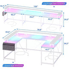 Bureau d'angle en U pour jeux vidéo, avec lumières LED et prises de courant, bureau d'ordinateur d'angle avec étagères de rangement, pour bureau à domicile