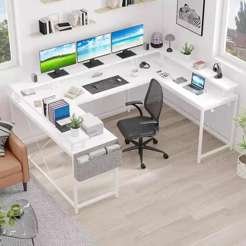 Bureau d'angle en U pour jeux vidéo, avec lumières LED et prises de courant, bureau d'ordinateur d'angle avec étagères de rangement, pour bureau à domicile