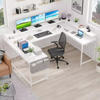 Bureau d'angle en U pour jeux vidéo, avec lumières LED et prises de courant, bureau d'ordinateur d'angle avec étagères de rangement, pour bureau à domicile