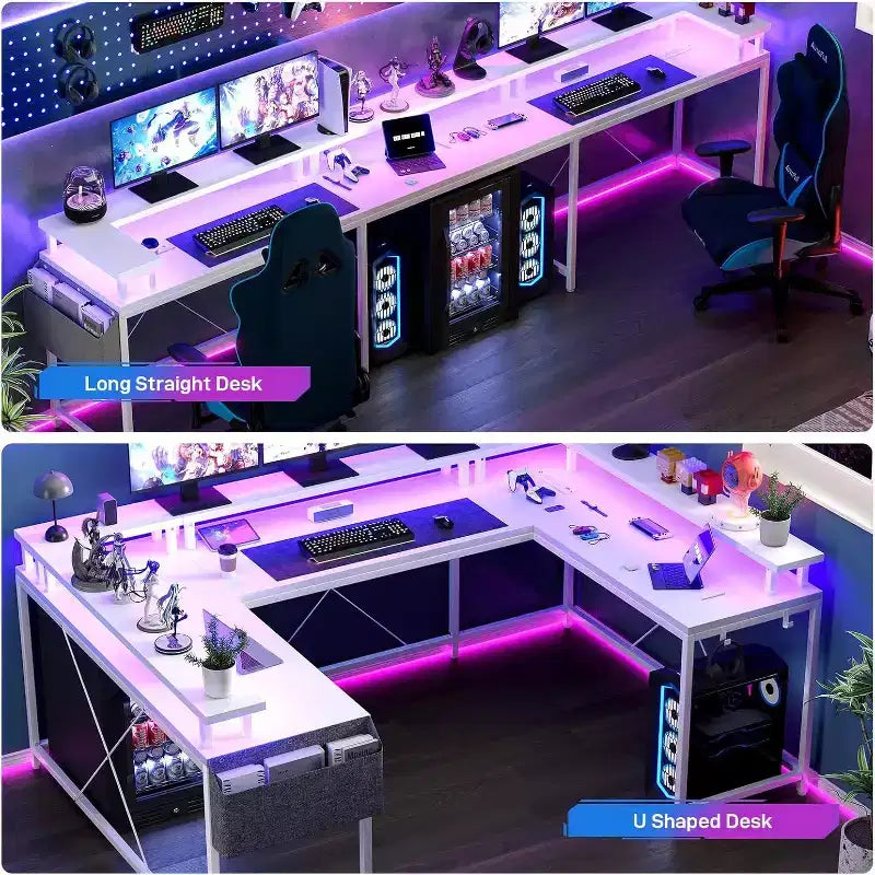 Bureau d'angle en U pour jeux vidéo, avec lumières LED et prises de courant, bureau d'ordinateur d'angle avec étagères de rangement, pour bureau à domicile