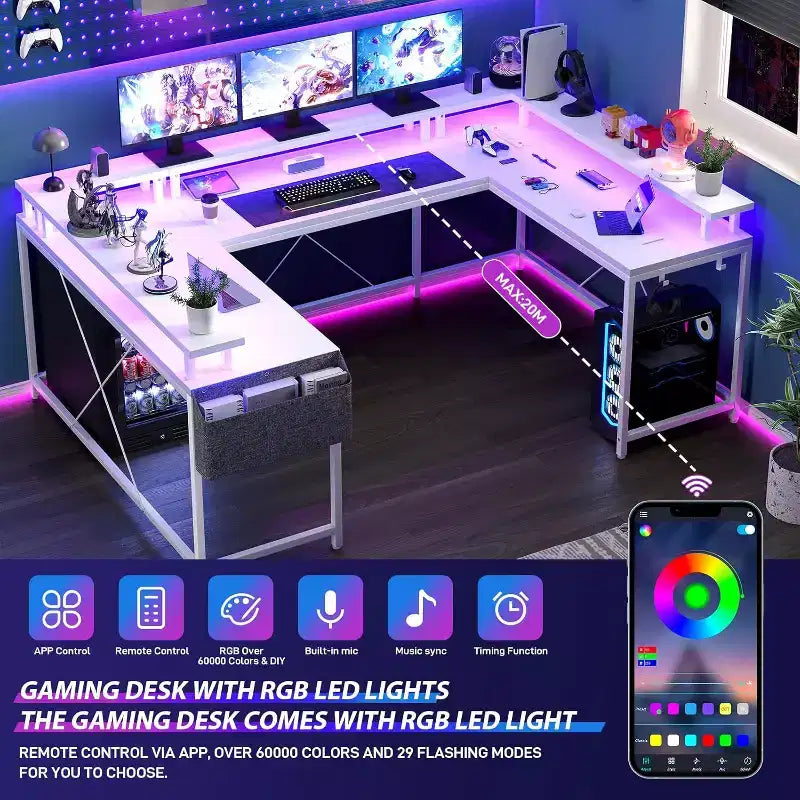 Bureau d'angle en U pour jeux vidéo, avec lumières LED et prises de courant, bureau d'ordinateur d'angle avec étagères de rangement, pour bureau à domicile
