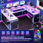 Bureau d'angle en U pour jeux vidéo, avec lumières LED et prises de courant, bureau d'ordinateur d'angle avec étagères de rangement, pour bureau à domicile