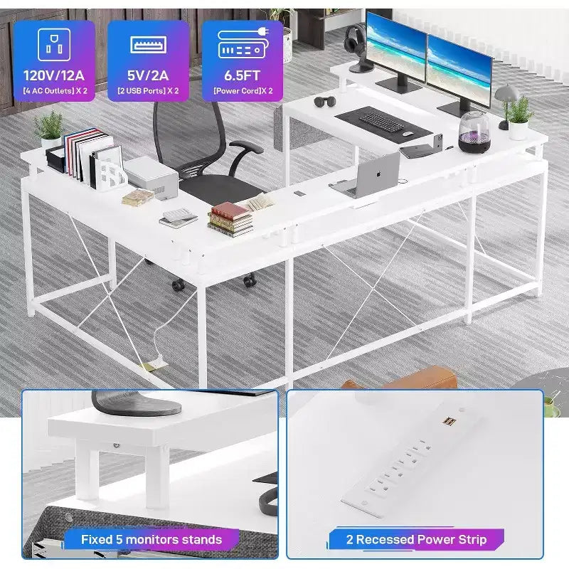 Bureau d'angle en U pour jeux vidéo, avec lumières LED et prises de courant, bureau d'ordinateur d'angle avec étagères de rangement, pour bureau à domicile