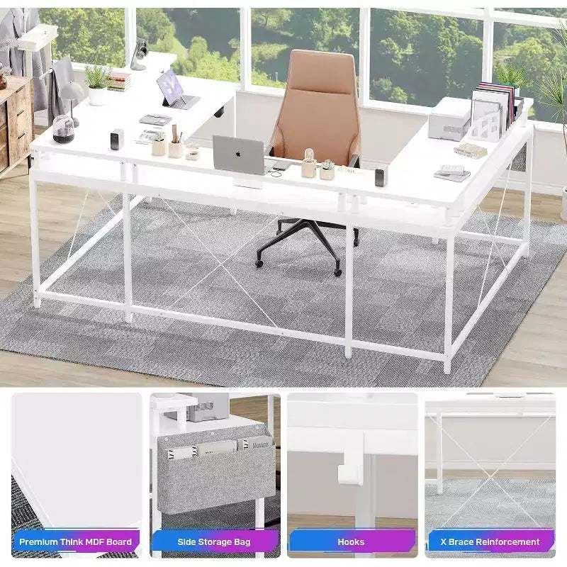 Bureau d'angle en U pour jeux vidéo, avec lumières LED et prises de courant, bureau d'ordinateur d'angle avec étagères de rangement, pour bureau à domicile