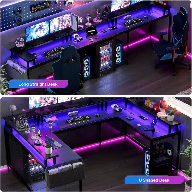 Bureau d'angle en U pour jeux vidéo, avec lumières LED et prises de courant, bureau d'ordinateur d'angle avec étagères de rangement, pour bureau à domicile