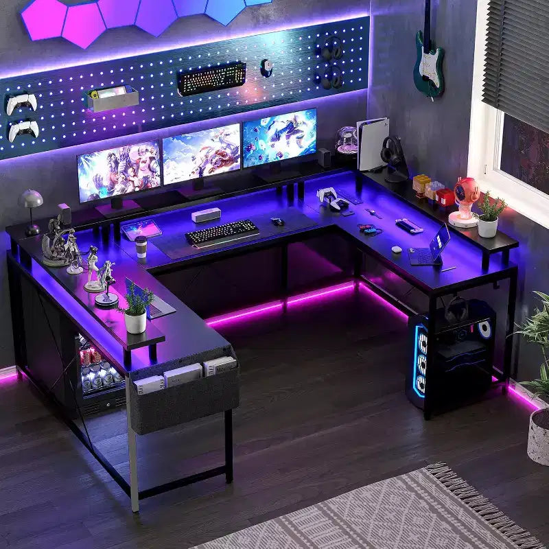 Bureau d'angle en U pour jeux vidéo, avec lumières LED et prises de courant, bureau d'ordinateur d'angle avec étagères de rangement, pour bureau à domicile