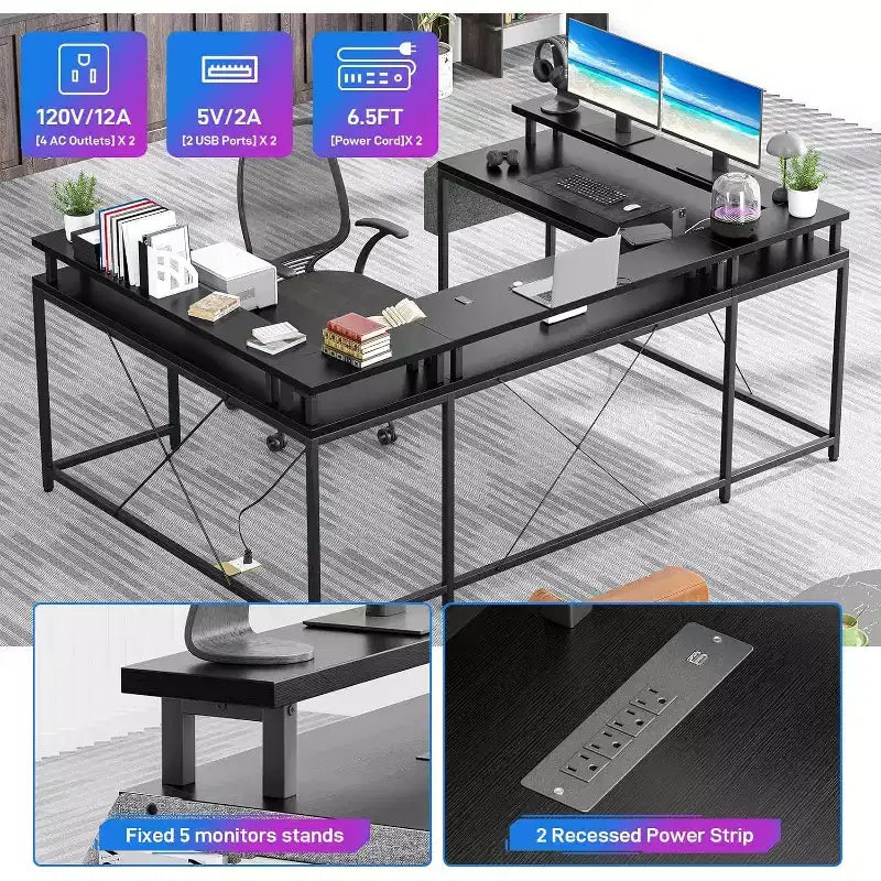 Bureau d'angle en U pour jeux vidéo, avec lumières LED et prises de courant, bureau d'ordinateur d'angle avec étagères de rangement, pour bureau à domicile