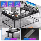 Bureau d'angle en U pour jeux vidéo, avec lumières LED et prises de courant, bureau d'ordinateur d'angle avec étagères de rangement, pour bureau à domicile
