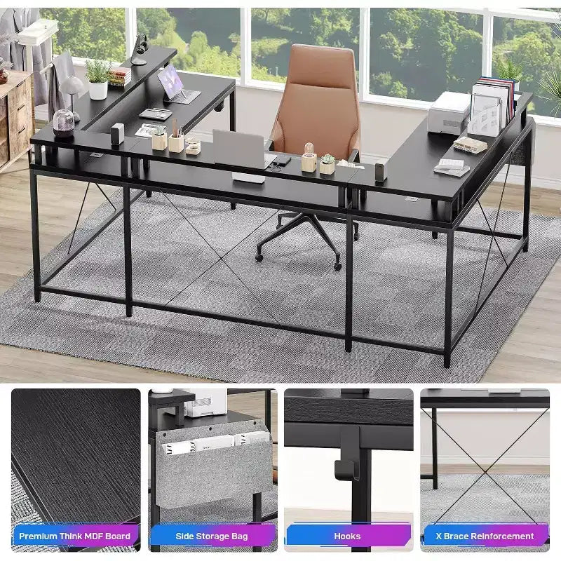 Bureau d'angle en U pour jeux vidéo, avec lumières LED et prises de courant, bureau d'ordinateur d'angle avec étagères de rangement, pour bureau à domicile