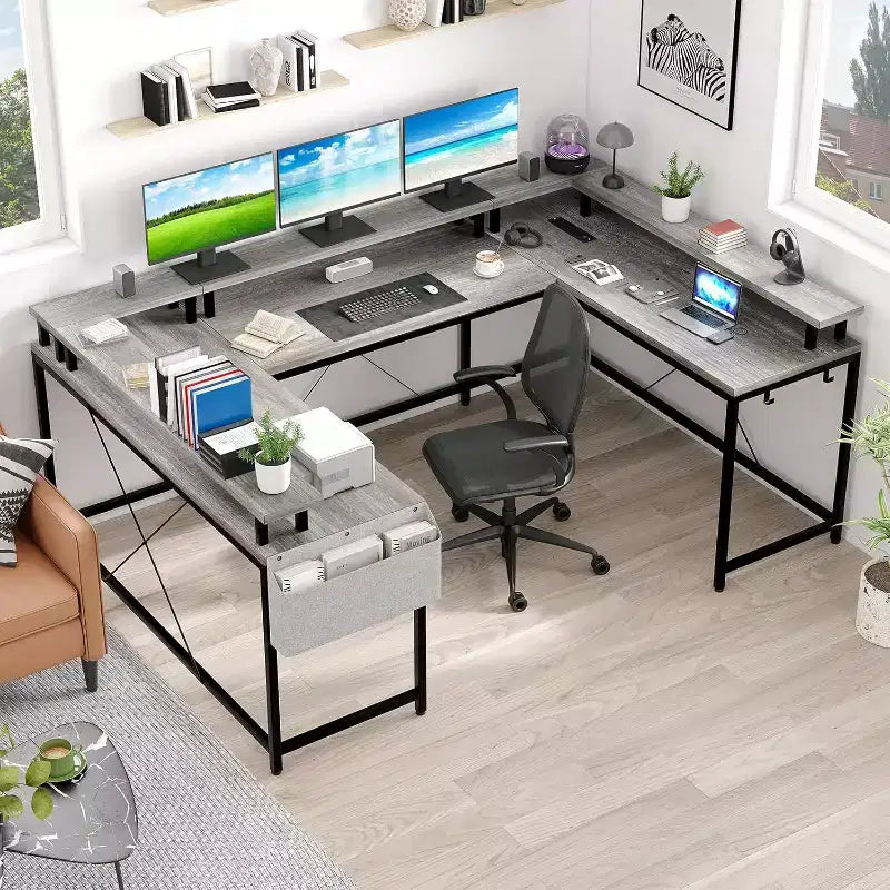 Bureau d'angle en U pour jeux vidéo, avec lumières LED et prises de courant, bureau d'ordinateur d'angle avec étagères de rangement, pour bureau à domicile