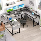 Bureau d'angle en U pour jeux vidéo, avec lumières LED et prises de courant, bureau d'ordinateur d'angle avec étagères de rangement, pour bureau à domicile