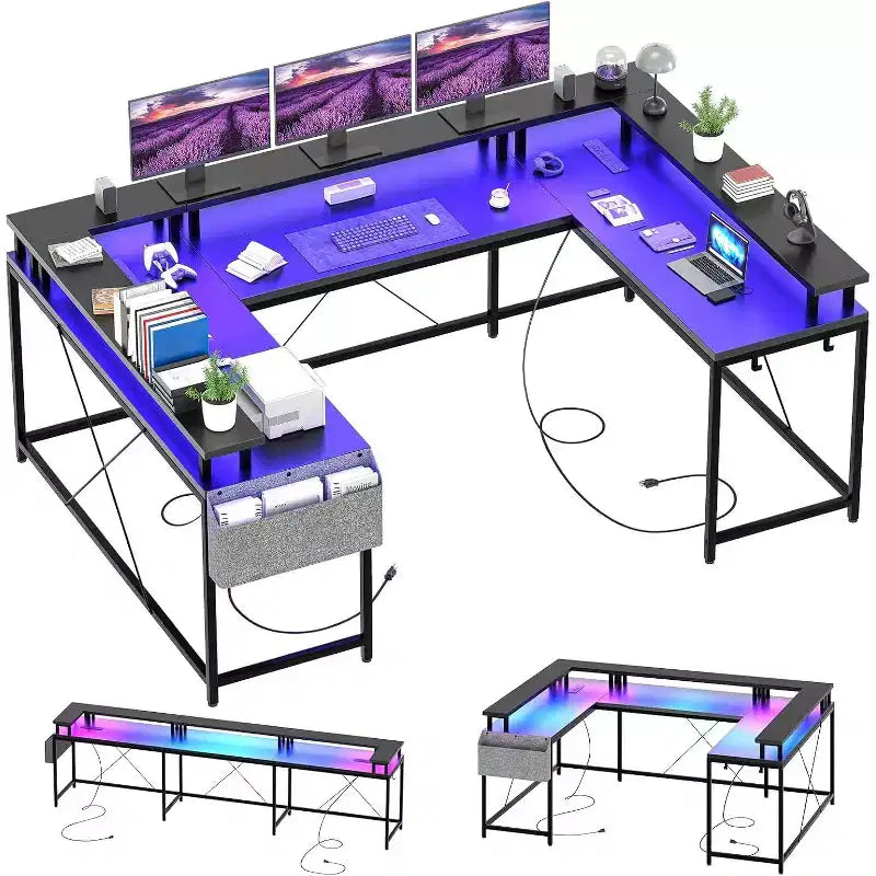 U Shaped Computer Gaming Desk,with LED Lights & Power Outlets,Corner Computer Desk with Storage Shelves,for Home Office