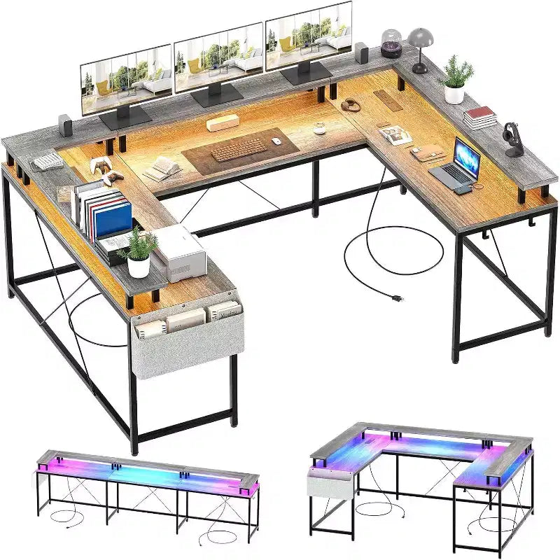 Bureau d'angle en U pour jeux vidéo, avec lumières LED et prises de courant, bureau d'ordinateur d'angle avec étagères de rangement, pour bureau à domicile