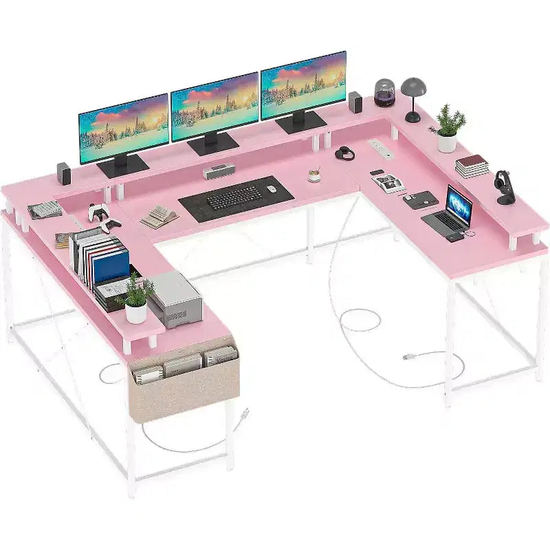 Bureau d'angle en U pour jeux vidéo, avec lumières LED et prises de courant, bureau d'ordinateur d'angle avec étagères de rangement, pour bureau à domicile