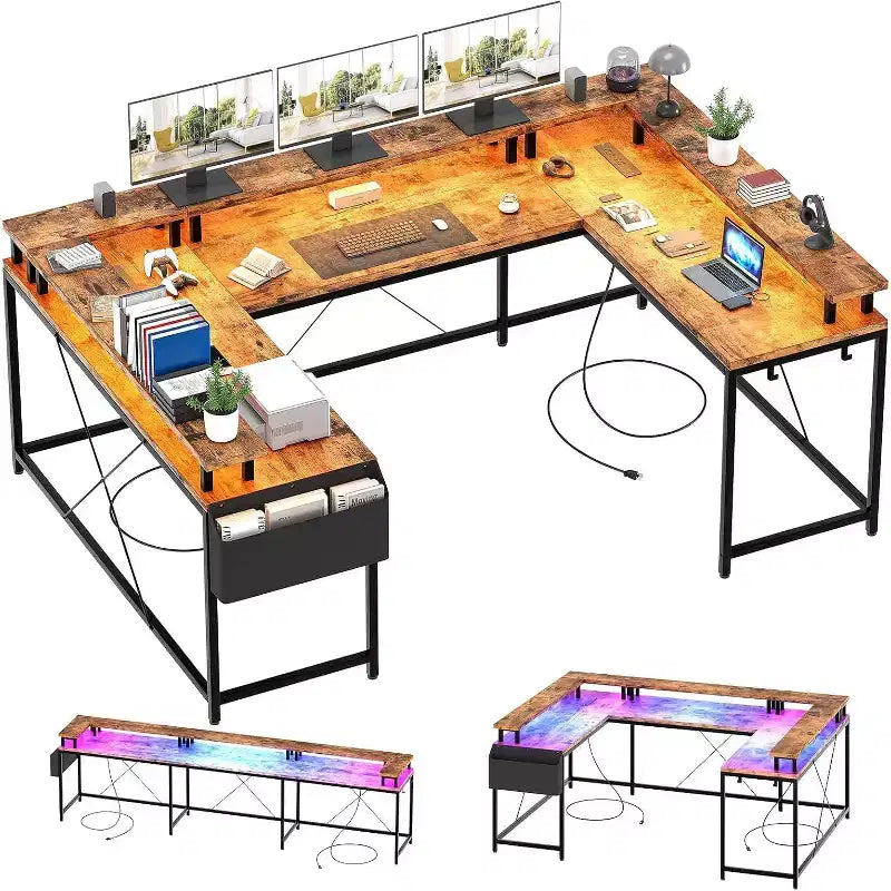 Bureau d'angle en U pour jeux vidéo, avec lumières LED et prises de courant, bureau d'ordinateur d'angle avec étagères de rangement, pour bureau à domicile