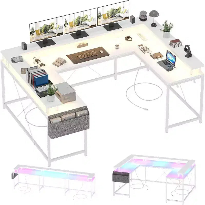 Bureau d'angle en U pour jeux vidéo, avec lumières LED et prises de courant, bureau d'ordinateur d'angle avec étagères de rangement, pour bureau à domicile