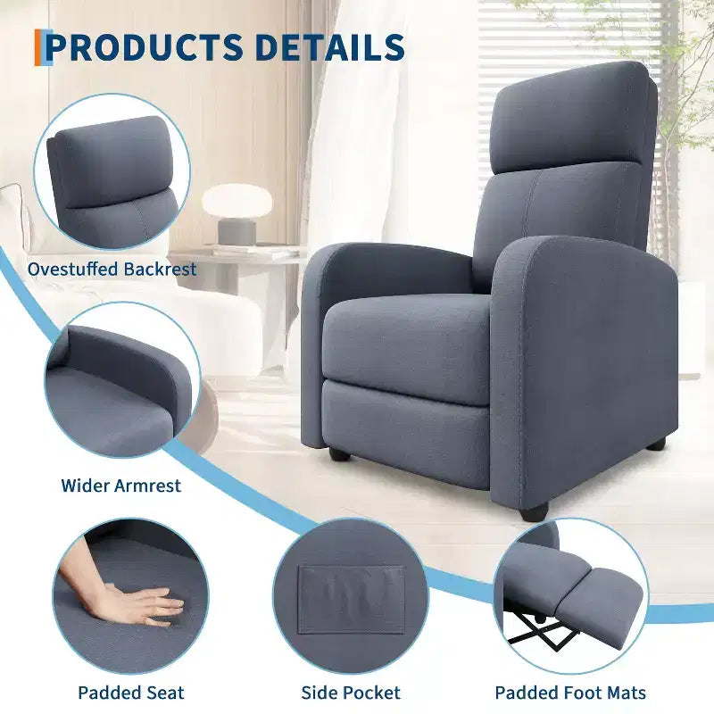 Fauteuil inclinable ergonomique simple, réglable, avec poche latérale, pour adultes, dossier haut, accoudoirs larges et assise rembourrée, pour salon