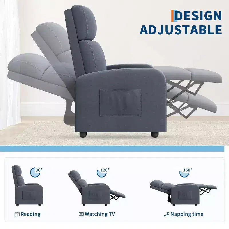 Fauteuil inclinable ergonomique simple, réglable, avec poche latérale, pour adultes, dossier haut, accoudoirs larges et assise rembourrée, pour salon