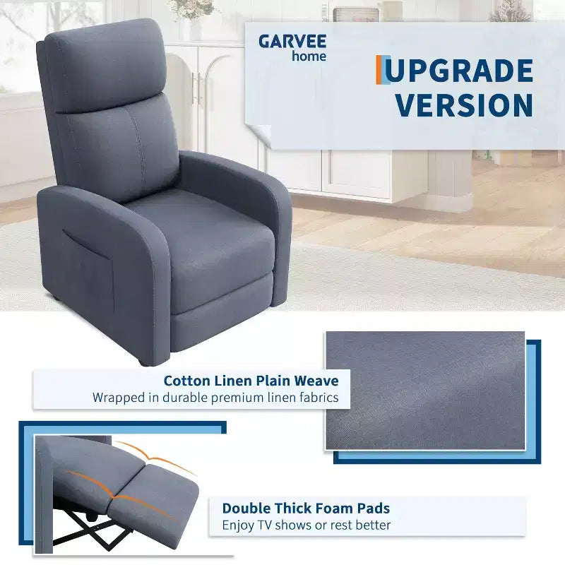 Fauteuil inclinable ergonomique simple, réglable, avec poche latérale, pour adultes, dossier haut, accoudoirs larges et assise rembourrée, pour salon