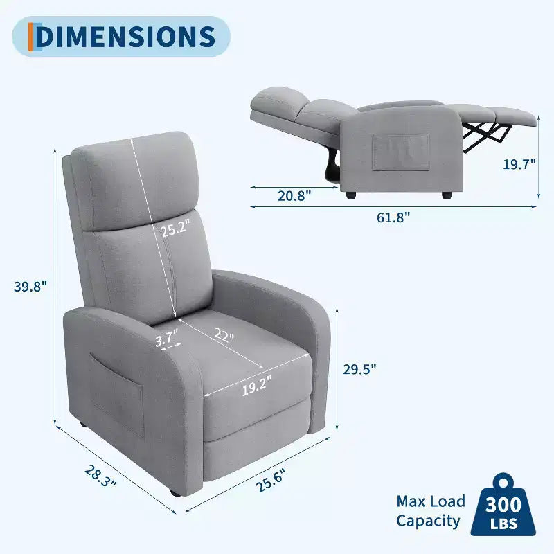 Fauteuil inclinable ergonomique simple, réglable, avec poche latérale, pour adultes, dossier haut, accoudoirs larges et assise rembourrée, pour salon