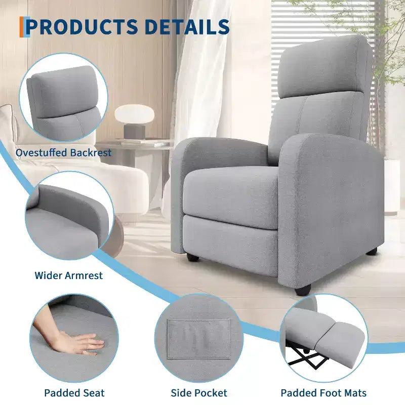 Fauteuil inclinable ergonomique simple, réglable, avec poche latérale, pour adultes, dossier haut, accoudoirs larges et assise rembourrée, pour salon