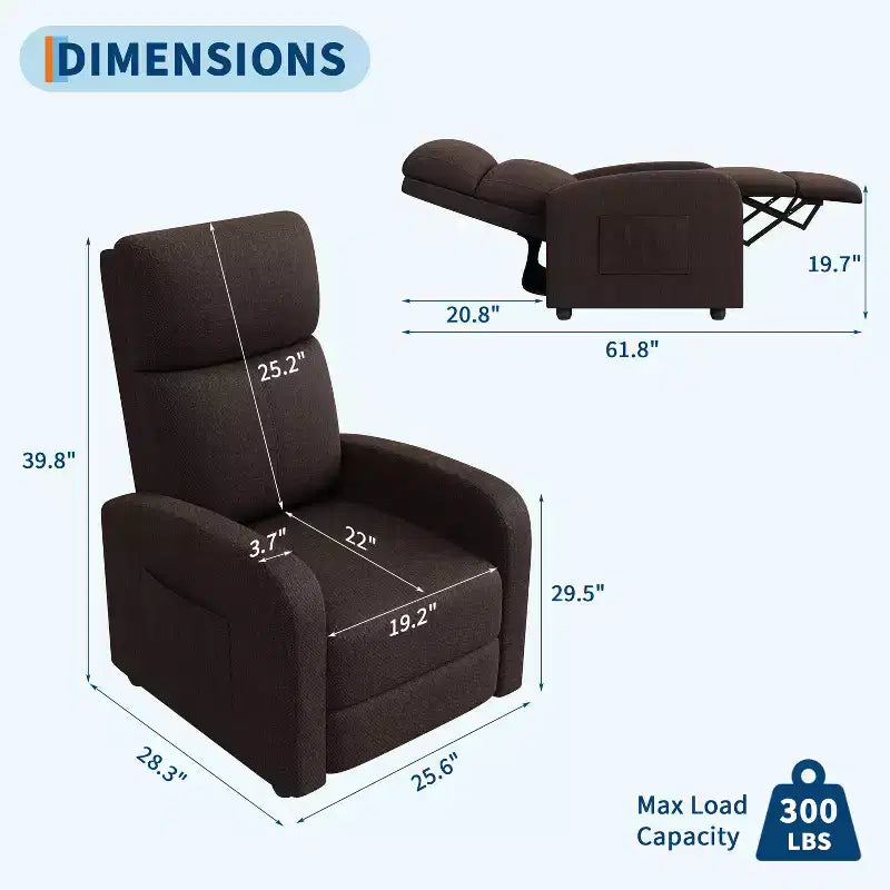Fauteuil inclinable ergonomique simple, réglable, avec poche latérale, pour adultes, dossier haut, accoudoirs larges et assise rembourrée, pour salon