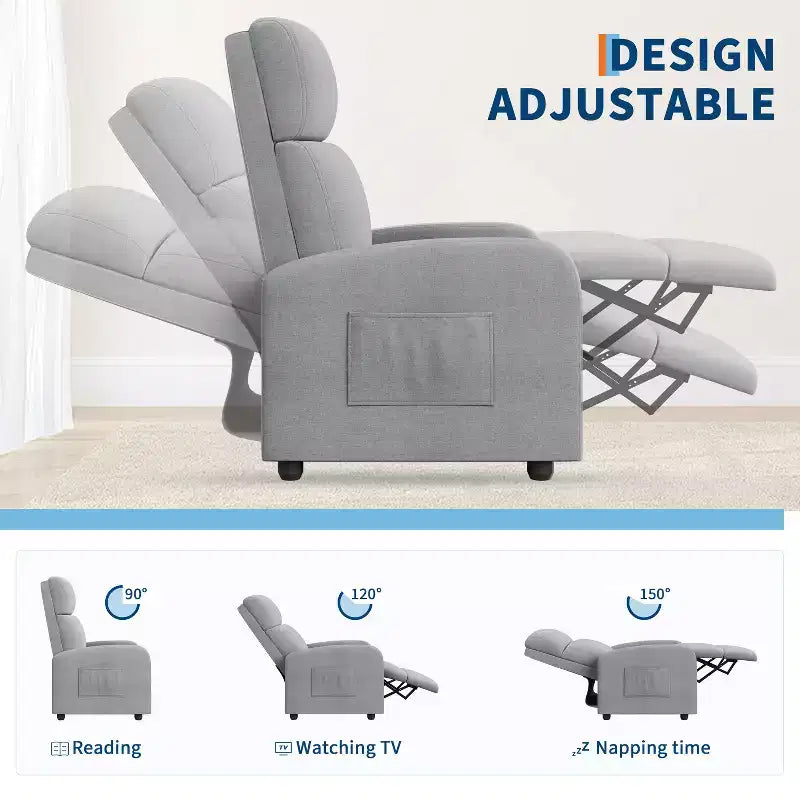 Fauteuil inclinable ergonomique simple, réglable, avec poche latérale, pour adultes, dossier haut, accoudoirs larges et assise rembourrée, pour salon