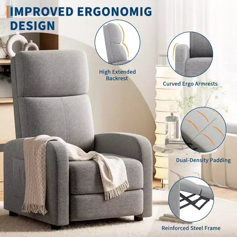 Fauteuil inclinable ergonomique simple, réglable, avec poche latérale, pour adultes, dossier haut, accoudoirs larges et assise rembourrée, pour salon