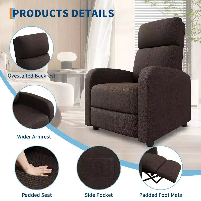 Fauteuil inclinable ergonomique simple, réglable, avec poche latérale, pour adultes, dossier haut, accoudoirs larges et assise rembourrée, pour salon