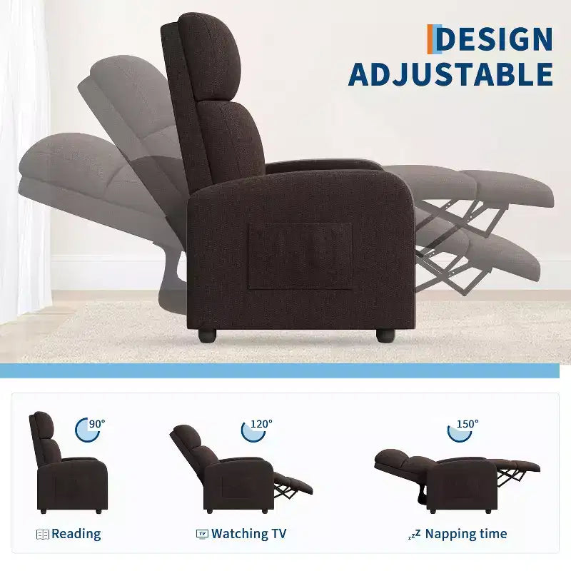 Fauteuil inclinable ergonomique simple, réglable, avec poche latérale, pour adultes, dossier haut, accoudoirs larges et assise rembourrée, pour salon