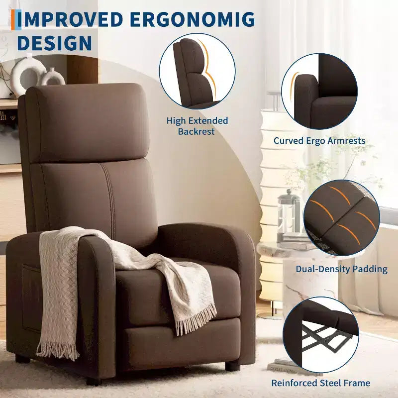 Fauteuil inclinable ergonomique simple, réglable, avec poche latérale, pour adultes, dossier haut, accoudoirs larges et assise rembourrée, pour salon