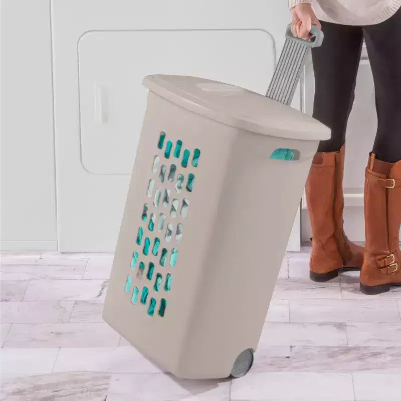 Panier à linge à roulettes avec couvercle et poignée, gris, lot de 3