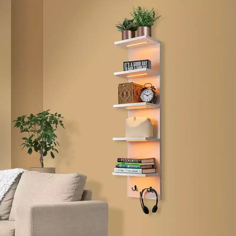 Étagère murale flottante à 5 niveaux avec lumières LED, décoration intérieure et organisateur de rangement