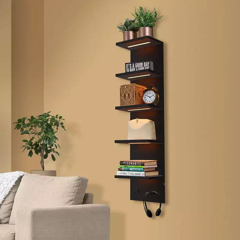 Étagère murale flottante à 5 niveaux avec lumières LED, décoration intérieure et organisateur de rangement