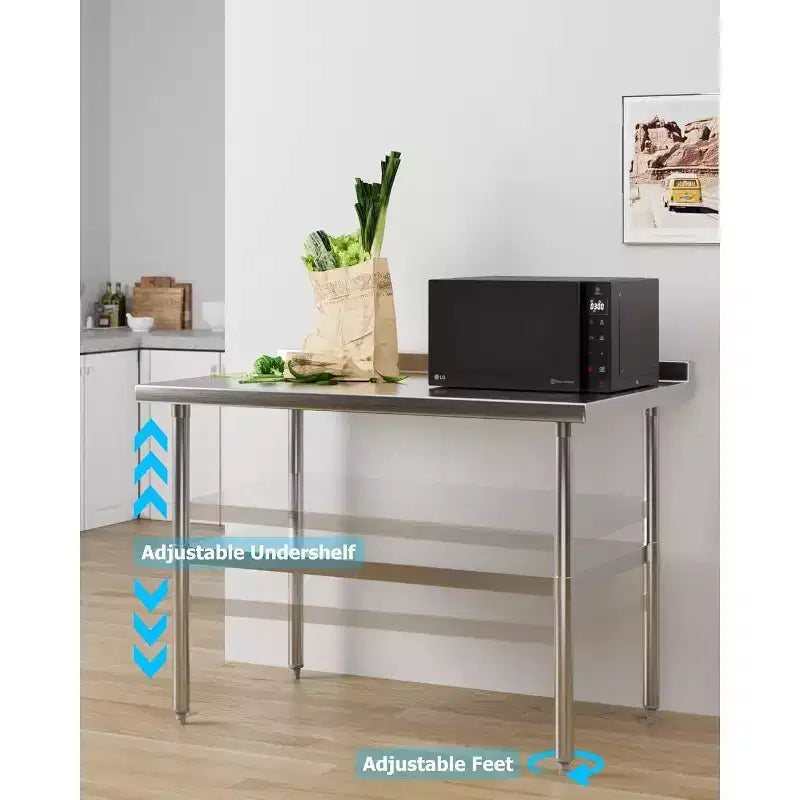 Table en acier inoxydable, table de préparation commerciale en métal robuste avec étagères ouvertes pour cuisines de restaurant, maison, hôtels, préparation des aliments