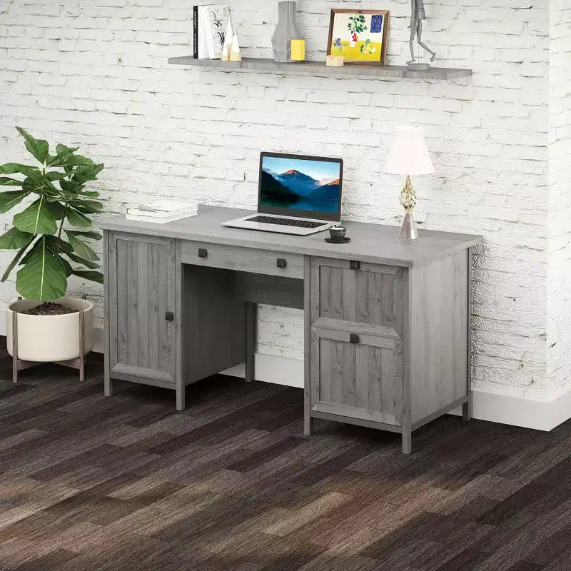 Bureau d'ordinateur exécutif vintage, poste de travail de bureau à domicile avec armoire et 3 tiroirs pour dossiers suspendus