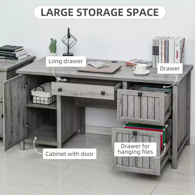 Bureau d'ordinateur exécutif vintage, poste de travail de bureau à domicile avec armoire et 3 tiroirs pour dossiers suspendus