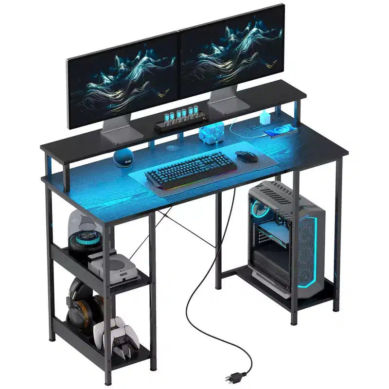 Computer Desk with Storage, Reversible Computer Table with Power Outlets and LED Lights
