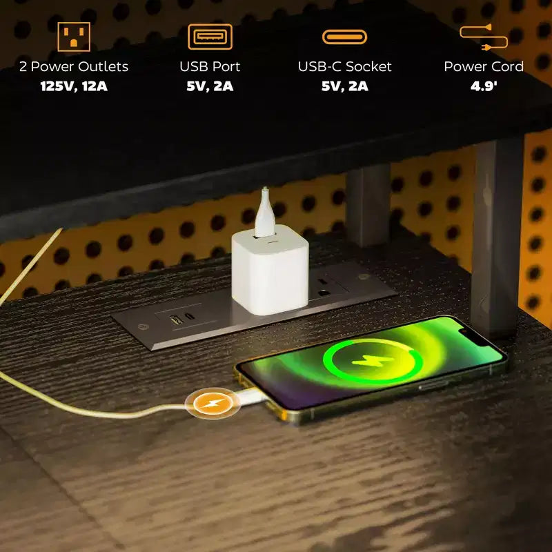 Bureau réversible avec rangements, prises de courant intégrées, ports USB et lumières LED RGB