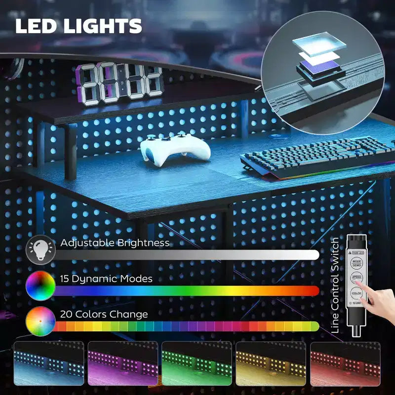 Bureau réversible avec rangements, prises de courant intégrées, ports USB et lumières LED RGB