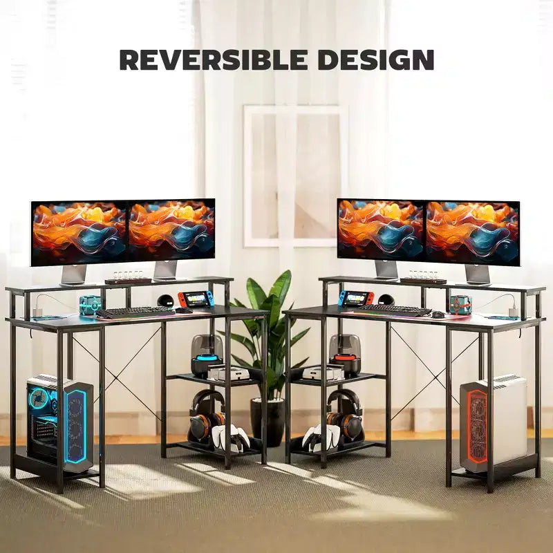 Bureau réversible avec rangements, prises de courant intégrées, ports USB et lumières LED RGB