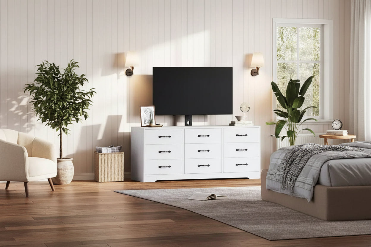 TV Stand with Mount for 32C85 Inch TVs, Modern Wood Media Console with Storage 9 Drawers, Living Room Entertainment Center Furniture