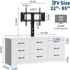 Meuble TV avec support pour téléviseurs de 32 à 85 pouces, console média moderne en bois avec rangement 9 tiroirs, meuble de salon.