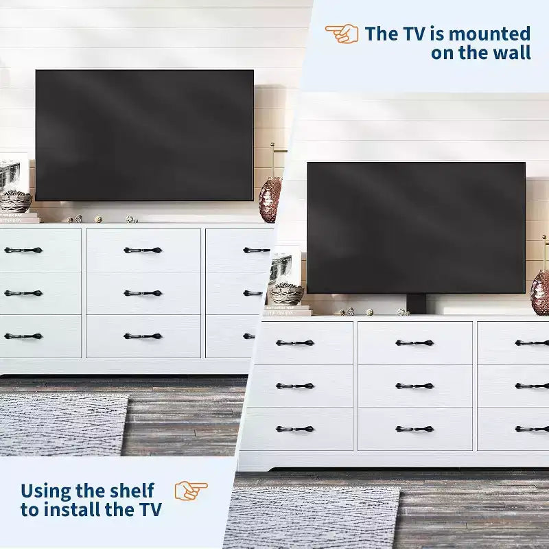 Meuble TV avec support pour téléviseurs de 32 à 85 pouces, console média moderne en bois avec rangement 9 tiroirs, meuble de salon.
