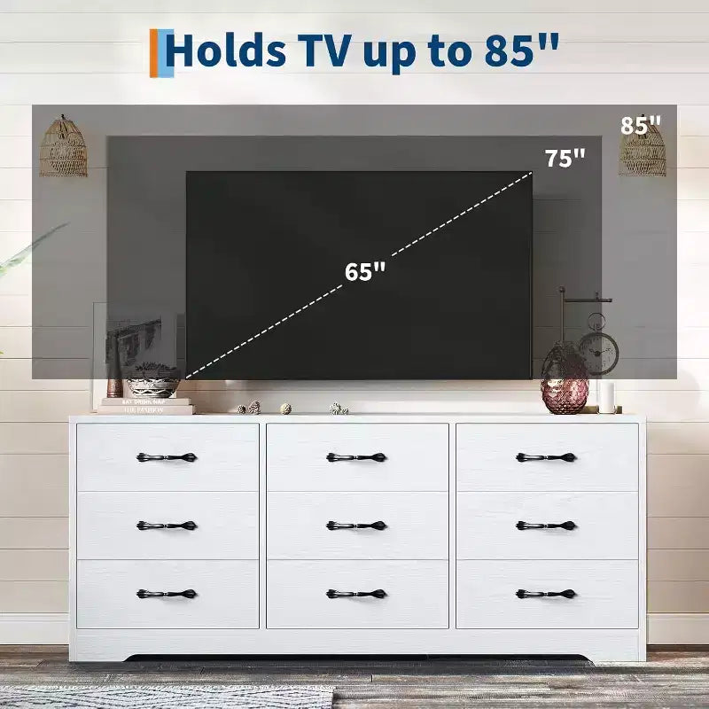 Meuble TV avec support pour téléviseurs de 32 à 85 pouces, console média moderne en bois avec rangement 9 tiroirs, meuble de salon.