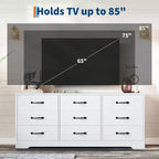 Meuble TV avec support pour téléviseurs de 32 à 85 pouces, console média moderne en bois avec rangement 9 tiroirs, meuble de salon.