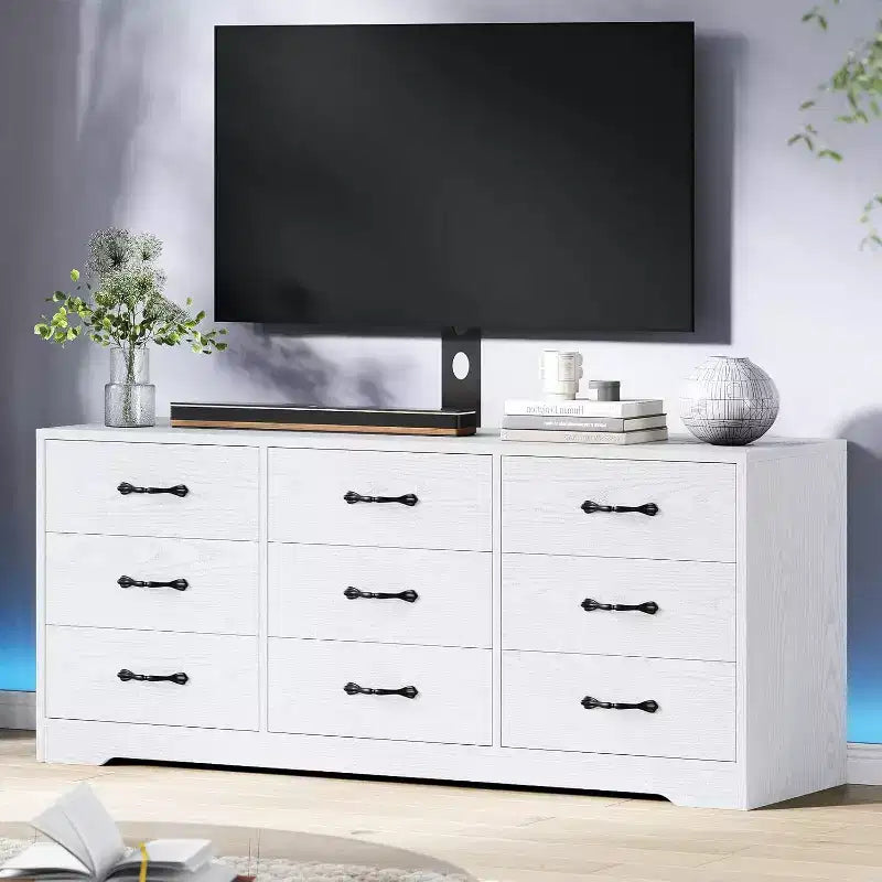 Meuble TV avec support pour téléviseurs de 32 à 85 pouces, console média moderne en bois avec rangement 9 tiroirs, meuble de salon.