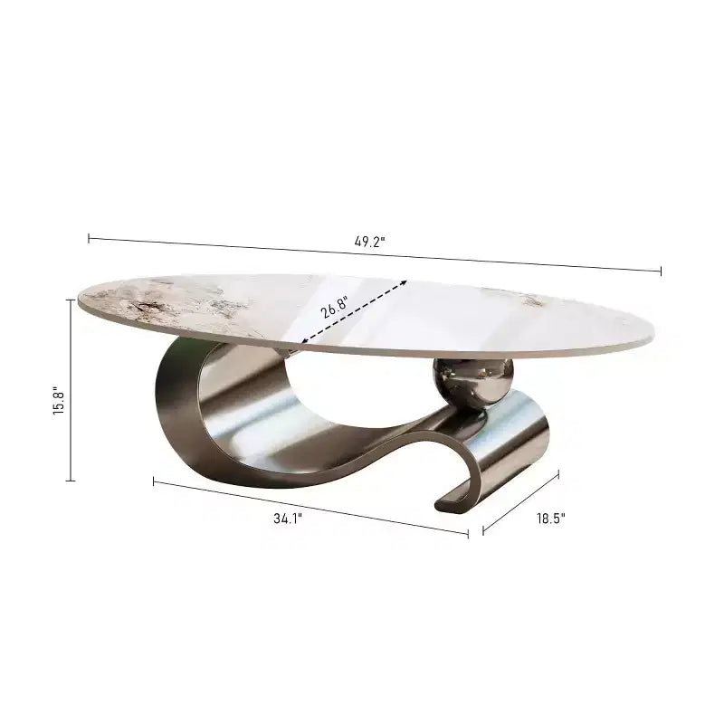 Table basse ovale de 124 cm avec plateau en pierre frittée imitation marbre et piètement sculptural en acier inoxydable